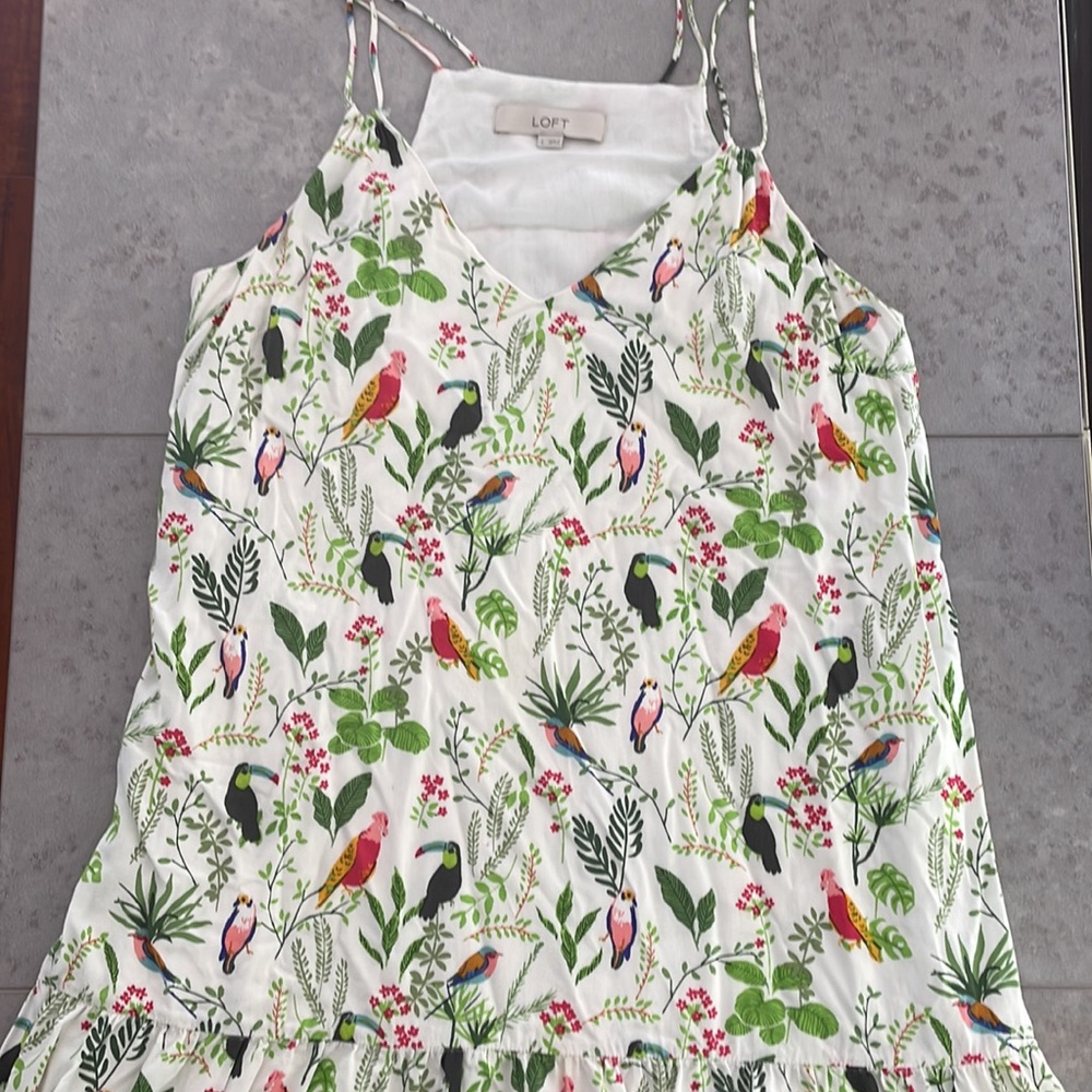 LOFT Jungle Birds Tropical Print Ruffle Double Strap Lined Dress Cover Up size S - Picture 4 of 11